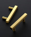 Gold Brushed Brass Square Cabinet Pulls 2-1/2 Inch Center-to-Center, 4 Inch Overall Length displayed on black background