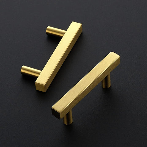 Gold Brushed Brass Square Cabinet Pulls 2-1/2 Inch Center-to-Center, 4 Inch Overall Length displayed on black background