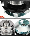 Close-up view of Drop In Engine Water Pump With Gasket And Pulley For Cadillac DeVille 1995 2005 Eldorado 1995 2002 Seville 1995 2004 Oldsmobile Aurora 1995 1999 2001 2003 And Pontiac Bonneville 2004 2005 showing metal casing and pulley details.