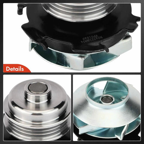 Close-up view of Drop In Engine Water Pump With Gasket And Pulley For Cadillac DeVille 1995 2005 Eldorado 1995 2002 Seville 1995 2004 Oldsmobile Aurora 1995 1999 2001 2003 And Pontiac Bonneville 2004 2005 showing metal casing and pulley details.