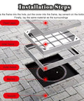 Recessed Drain Inspection Chamber Cover With Frame For Lawn Tile And Wood Floors 5cm High 65x65cm Size showing installation steps