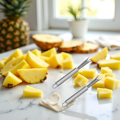 Two Pack Stainless Steel Pineapple Eye Peeler And Remover Tool, V Shape Eye Cutter with sliced pineapples on a kitchen counter