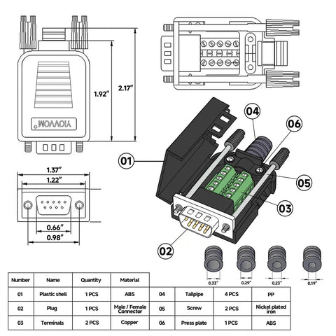 Diagram of DB9 Breakout Connector for RS232 and RS485, Solderless D Sub Serial Adapter Board With Case, showing dimensions and parts