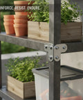 Heavy Gauge Stainless Steel L Bracket for furniture and shelving reinforcement used on outdoor metal shelf with containers