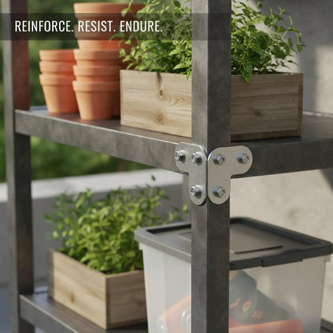 Heavy Gauge Stainless Steel L Bracket for furniture and shelving reinforcement used on outdoor metal shelf with containers