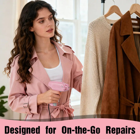 Woman using pink and white stitch gun for clothes quick fix kit with five needles and 1000 black and 1000 white fasteners for instant fabric repair