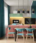 Modern Cylindrical Pendant Chandelier Black Finish With Vintage Farmhouse Vibe Dope Yet Sleek Hanging Light Diameter Five Point Eleven Inches For Kitchen Island Kitchen Sink Dining Room Bedroom Hallway Or Corridor Decor in living room setup.