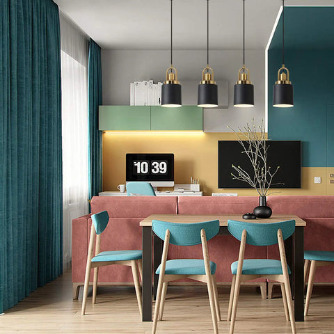 Modern Cylindrical Pendant Chandelier Black Finish With Vintage Farmhouse Vibe Dope Yet Sleek Hanging Light Diameter Five Point Eleven Inches For Kitchen Island Kitchen Sink Dining Room Bedroom Hallway Or Corridor Decor in living room setup.