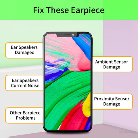 Front Earpiece Speaker Drop In Replacement For iPhone XS Max With Ambient Light Sensor And Proximity Sensor Flex Cable Assembly New A1921 A2101 A2102 A2103 A2104 displayed with damage issues
