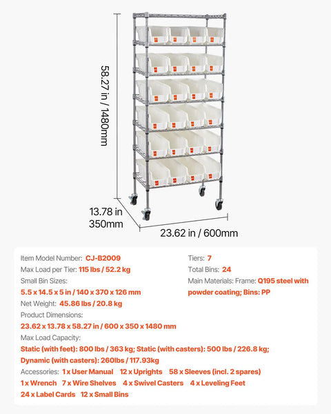 7 Tier Rolling Bin Storage Rack With 24 Small Bins Mobile Steel Wire Shelving System On Wheels For Garage, Workshop, Warehouse, Office, Kitchen, Classroom And Restaurant Easy Access Parts Organizer