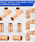 Half Inch Copper Press Fittings Kit 10 Pack With 2 Tees 3 Elbows 5 Couplings For Quick Press Plumbing, Tool Free Flame Free Install