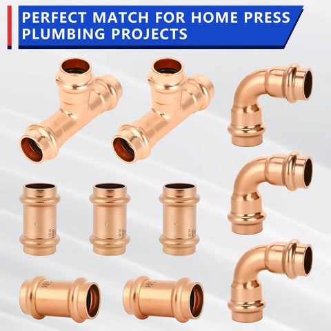 Half Inch Copper Press Fittings Kit 10 Pack With 2 Tees 3 Elbows 5 Couplings For Quick Press Plumbing, Tool Free Flame Free Install