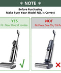 Compatibility notice for Floor One S5 Combo Replacement Brush Rollers And HEPA Filters Kit with image of correct and incorrect models.