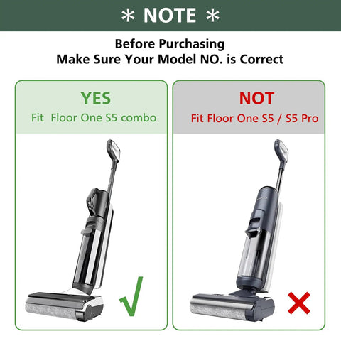 Compatibility notice for Floor One S5 Combo Replacement Brush Rollers And HEPA Filters Kit with image of correct and incorrect models.