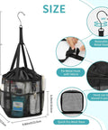 Mesh Shower Caddy Portable For Dorm Room Essentials with dimensions, pockets, hook, and drawstring shown.