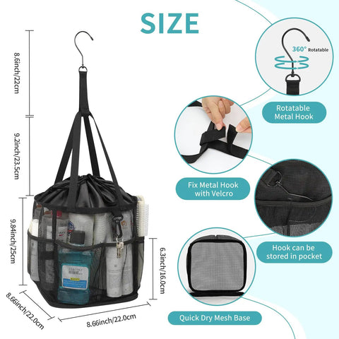 Mesh Shower Caddy Portable For Dorm Room Essentials with dimensions, pockets, hook, and drawstring shown.
