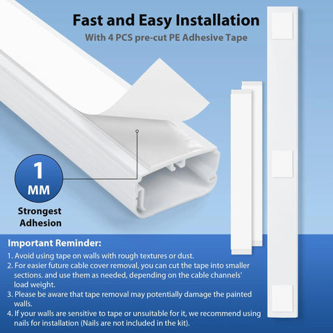 Big TV Cord Hider For Wall Mounted TVs 32 Inch White Cable Cover Kit with adhesive and installation guide featuring PE tape.