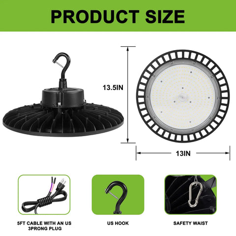 Industrial 200W LED High Bay Light 5000K Bright 15000LM Dimmable 1-10V Shop Light With US Plug Hook ETL Listed Three Pack