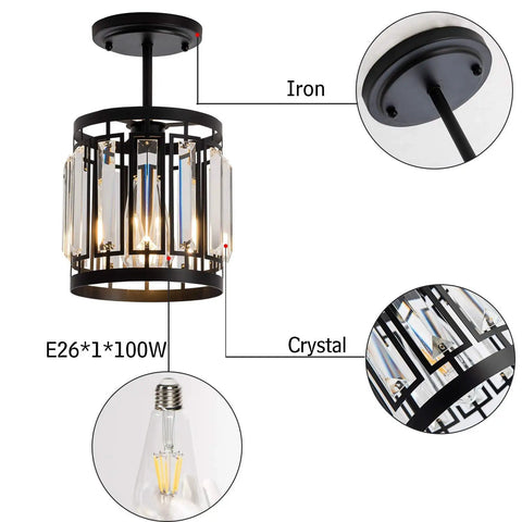 Four Light Farmhouse Pendant Chandelier For Dining Room And Kitchen Island Modern Black Crystal Lights Over Table E26 Base Fixture Durable K9 Crystals With Stainless Steel Rustic Yet Sleek Kitchen Lighting showing details of iron base, crystal structure, and bulb support.