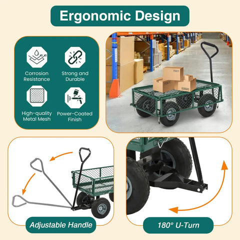 Heavy Duty Garden Cart With 500 Lbs Capacity showcasing adjustable handle and removable sides, loaded with boxes in warehouse setting
