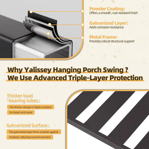 Diagram showing metal frame details for Three Seat Hanging Porch Swing With Cup Holders And Three Back Cushions, Extra Wide 60 Inch Swing Chair.