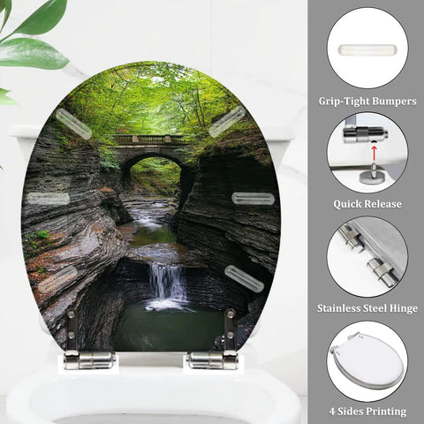 Close-up of Round Resin Toilet Seat for Hiking Trail Restrooms with waterfall design, stainless steel hinges and grip-tight bumpers.