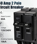 Heavy Duty 60 Amp Double Pole Circuit Breaker Direct Fit Replacement For SD Hom260 Load Center with rated 60A current.
