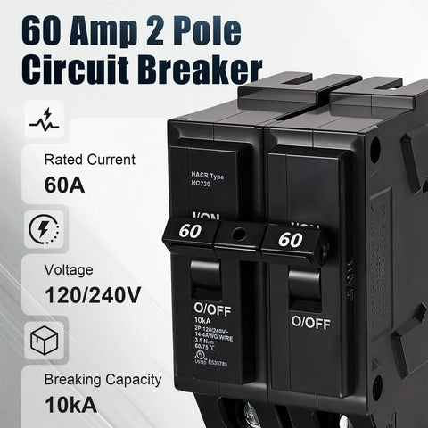 Heavy Duty 60 Amp Double Pole Circuit Breaker Direct Fit Replacement For SD Hom260 Load Center with rated 60A current.