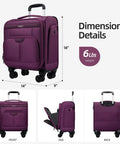 Underseat Carry On Luggage That Fits Under Airline Seats With Spinner Wheels, 16 Inch Softside Roller Bag in purple color, TSA Lock, dimensions 14x17x9 inches, 6 lbs, 30L capacity, ideal for overnight travel for women.