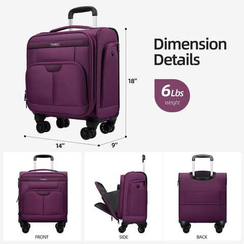 Underseat Carry On Luggage That Fits Under Airline Seats With Spinner Wheels, 16 Inch Softside Roller Bag in purple color, TSA Lock, dimensions 14x17x9 inches, 6 lbs, 30L capacity, ideal for overnight travel for women.