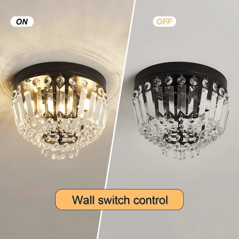 Two Light Sleek Crystal Mini Ceiling Light Fixture Modern Semi Flush Mount Chandelier with On Off Wall Switch Control