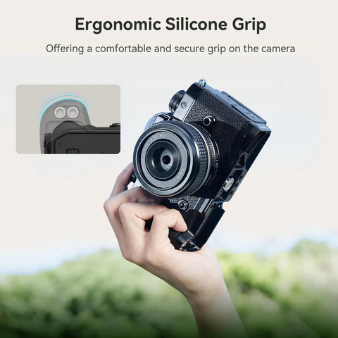 Person holding Zf Handgrip L Shape Grip For Nikon Zf With Ergonomic Silicone Grip Built In Quick Release Plate Arca Compatible
