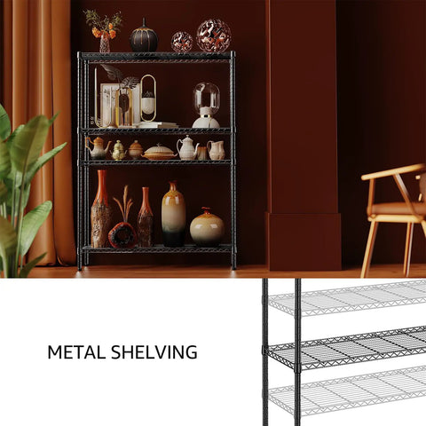 Beefy 1400 Lbs Garage Shelving Unit With 4 Tier Heavy Duty Metal Wire Racks, decorated with vases and ornaments
