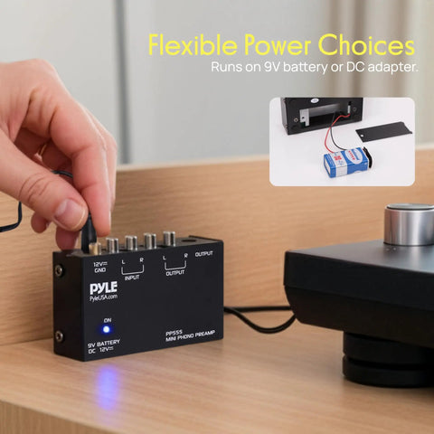 Pyle Phono Turntable Preamp Mini Electronic Audio Stereo Phonograph Preamplifier with 9V battery option and DC adapter connection.
