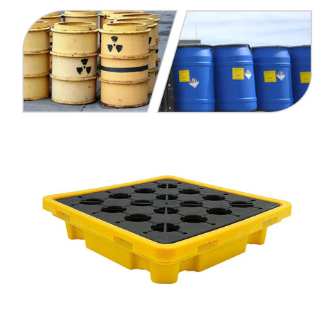 Spill Containment Pallet With Drain 26.4 By 26.4 By 5.9 Inches HDPE Leak Containment Tray with barrels in background