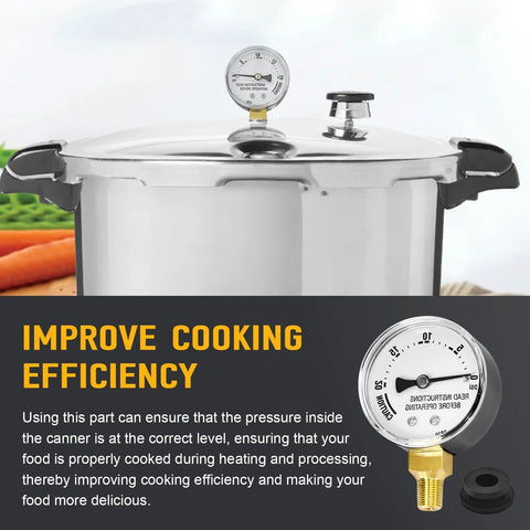Front view of stainless steel pressure canner with lid gauge and black handles; inset gauge image