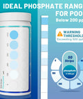 Pro Grade Pool Phosphate Test Strips 50 Count For Hot Tub And Spa Water Chemistry Testing, display of ideal phosphate ranges.