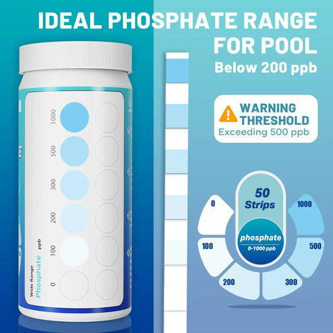 Pro Grade Pool Phosphate Test Strips 50 Count For Hot Tub And Spa Water Chemistry Testing, display of ideal phosphate ranges.