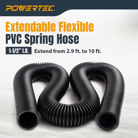Extendable flexible PVC spring hose showing coiled design, 1-1/2 inch diameter, extending from 2.9 to 10 feet in length.