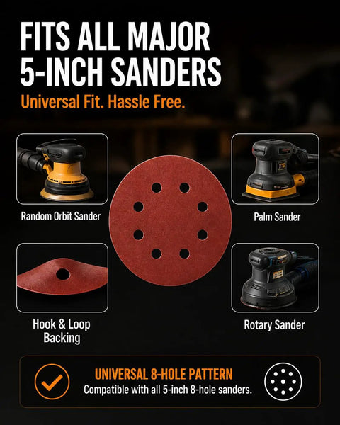 300 Pack 5 Inch Sanding Discs Set With 8 Hole Hook And Loop For Random Orbital Sanders fits all major sanders