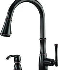 Tuscan Bronze Pull Down Kitchen Faucet With Soap Dispenser High Arc Spout Single Handle Operation Dual Function Spray Head