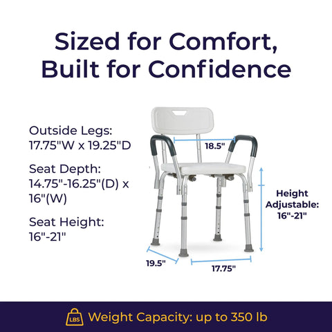 Shower Chair With Back And Padded Arms, Adjustable Height Bath Seat For Safer And Comfy Bath Time, Lightweight Aluminum Construction, 350 Lb Capacity