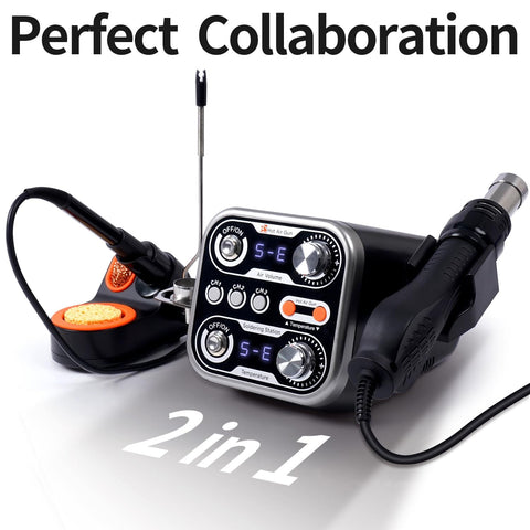 2 In 1 Hot Air Rework Station Kit With 760W Soldering Iron And Soldering Mat, showing dual controls and 3 preset temps
