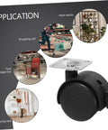 Badass Smooth Rolling Swivel Caster Wheels With Locking Brakes For Couches Tables And Home Appliances Tough Black Plastic Metal Frame Effortless 360 Spin Four Piece Kit displayed with applications on shopping cart, plant stand, tool storage, and drying rack.