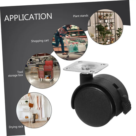 Badass Smooth Rolling Swivel Caster Wheels With Locking Brakes For Couches Tables And Home Appliances Tough Black Plastic Metal Frame Effortless 360 Spin Four Piece Kit displayed with applications on shopping cart, plant stand, tool storage, and drying rack.