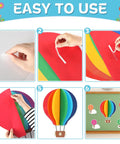 Collage showing steps to assemble 3D Hot Air Balloon Bulletin Board Set With Totally Colorful Name Tags For Back To School Classroom Decor Motivational The Sky Is The Limit Cutouts Cloud Borders And DIY Wall Art Kit