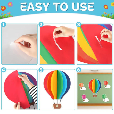 Collage showing steps to assemble 3D Hot Air Balloon Bulletin Board Set With Totally Colorful Name Tags For Back To School Classroom Decor Motivational The Sky Is The Limit Cutouts Cloud Borders And DIY Wall Art Kit