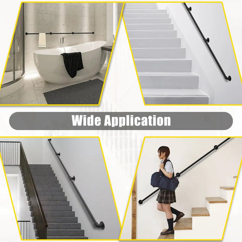Industrial Style Black Iron Pipe Staircase Handrail For Indoor And Outdoor Use Heavy Duty Steel Balcony Railing on stairways and bathrooms.
