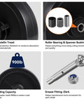 Eight Inch By Two Inch Polyolefin Caster Wheels Heavy Duty Swivel Plates showing tread, bearing, loading capacity, and grease fitting.