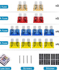 Assorted fuses, screws, and stickers for Six Way Fuse Block for 12V and 24V Vehicles with Six Circuit ATC ATO Waterproof Fuse Box Holder LED Indicator and Weatherproof Cover Built To Last Easy Fault Detection and Quick Fuse Replacement for Cars Trucks Boats Marine RVs Vans.